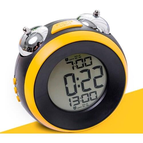 Workday Alarm Clock, Large Number Metal Double Ring Bell,Orange/ Yellow / White Color Ngiht light Table Clock With Battery Power