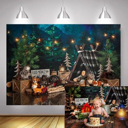 Jungle Forest Newborn Baby Portrait Background Photography Camping Tent Birthday Cake Table Backdrop Green Trees Photo Shoot