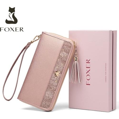 FOXER Women Stylish Long Wallet GLETT Fabric Women Money Bag Ladies Party Chic Clutch Bag Card Holder Luxury Leather Purse
