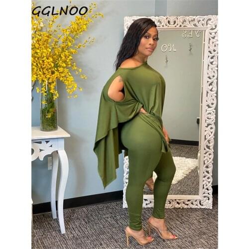 GGLNOO Solid Color Loose Irregular Fashion Casual Loose And Irregular Wear Women Two Piece Outfits GG23193