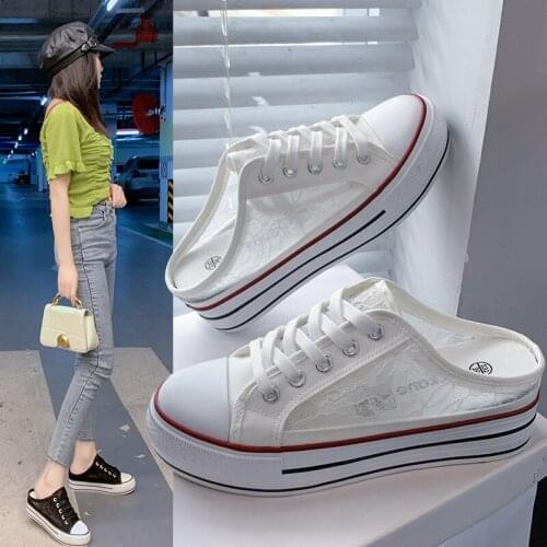 2021 New Women vulcanized sneakers breathable flat casual white shoes woman spring summer canvas half slippers shoes black