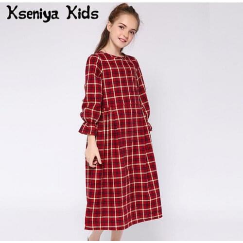 Kseniya Kids Muslim Girl Long Dress Cotton Plaid Long Sleeve Girl School Uniforms