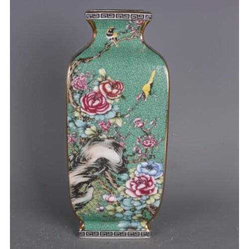 Qing Dynasty Qianlong Gold Painted Enamel Flowers And Birds Green Square Vases Antique Chinese Style Home Porcelain Ornaments