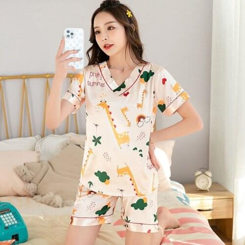2021 Summer Ice Silk Short Sleeve Pajamas Red Yellow Cartoon Pattern Pajama Set XXL Big Yards Pajamas Sexy Pjs Soft Clothing