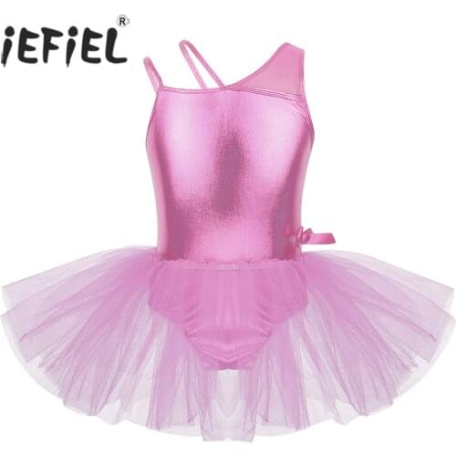 Kids Girls Fancy Costumes Glossy Camisole with Splice Bowknot Ballet Dancewear Ballerina Gymnastics Leotard Dancing Tutu Dress