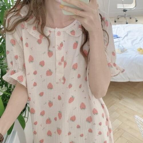 Strawberry Print Summer Nightgown Women Korean O-Neck Short Sleeve Cotton Long Sleepwear Ins Pink Home Clothes Homewear