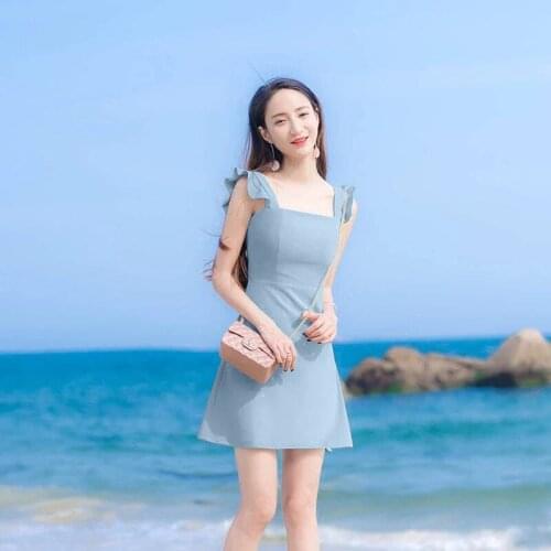 Summer New Temperament Blue Ruffle Spaghetti Strap Square Collar Slim Elegant Tea Party Robes De Cocktail 4118
