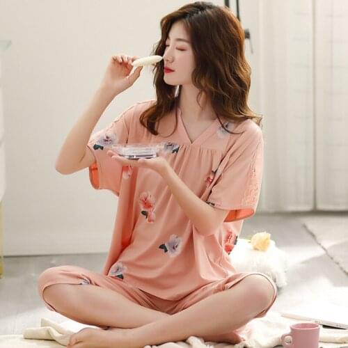 Modal Pajamas Womens Summer Short Sleeve Capris Loose Size Cotton Silk Housewear Suit Female Sleepwear Sleeping Wear Lingerie