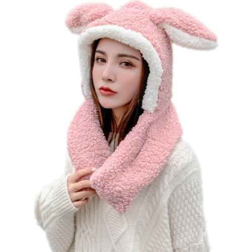 Movable Rabbit Ear Hat w/ Scarf 2 in 1 Furry Hoodies Hat Sweet Headband for Women Teen Girls Windproof Combo R7RF