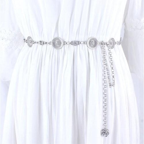 Fashion women vintage hollow long rhinestone metal round chain belt waist belts for dresses laides female luxury ceinture femme
