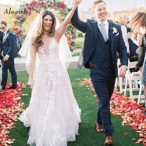 Luxury Embroidery Wedding Dresses Deep V Neck Illusion Back Sleeveless Wedding Gown Elegant Long Train Robe de mariee