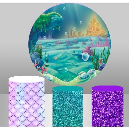 Little mermaid purple background Round circle Backdrop baby shower kids birthday booth Party banner table plinth covers YY-441