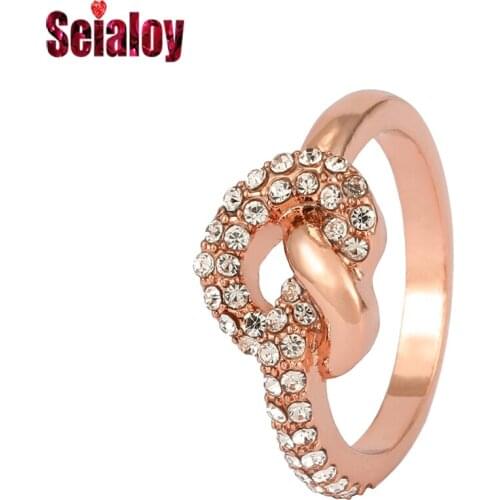Seialoy Fashion Rose Gold Crystal Intertwined Heart Rings For Women Couple Friendship Stackable Ring Wedding Engagement Jewelry