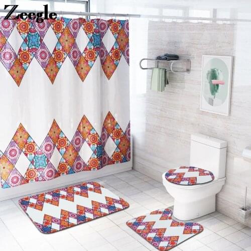 Modern Style Bath Mat and Shower Curtain Absorbent Bathroom Mat Set Waterproof Shower Curtain Non-slip Foot Mat