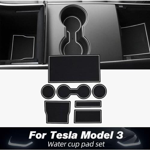 7Pcs/Set For Tesla Model Three Car accessories Gate Slot Pad Door Groove Mat Black Rubber Mat Center Console Cup Holder Model 3