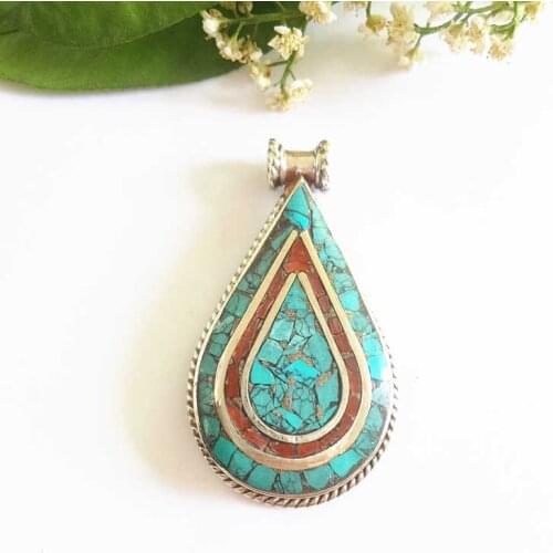 TBP602 Tibetan Jewelry Pendants White Metal Copper Inlaid Colorful Stone Big Waterdrop Pendant from Nepal