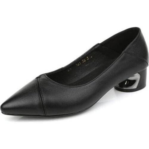 High Quality Cowhide Pointed Toe Shoes Women High Heel Shoes 2020 Spring Shoes Fashion Leather Shoes Large Size Black Beige