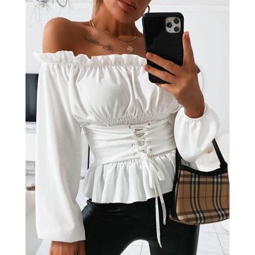 2020 Women Fashion Elegant Sexy Off Shoulder Solid Ruffles Summer Long Sleeve Off Shoulder Lace-up Front Casual Blouse