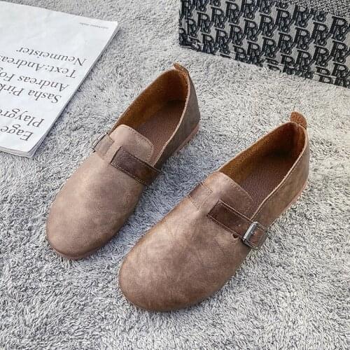 Llogai Women Soft Cowhide Flats Shoes Retro Casual Loafers Genuine Leather Solid Women Flats Shoes Round Toe Lady Driving Shoes