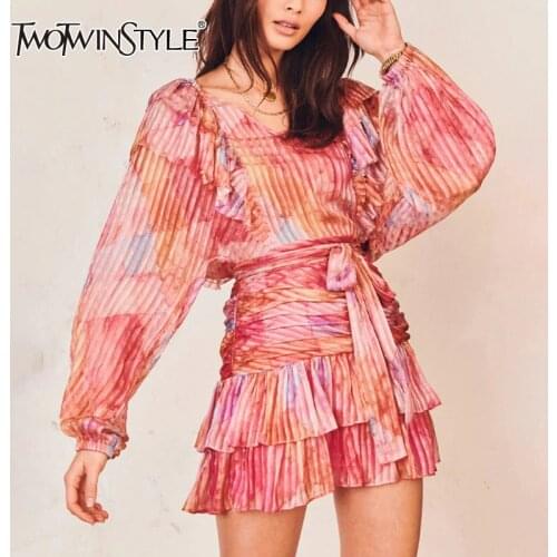 TWOTWINSTYLE Causal Print Women Dress V Neck Lantern Long Sleve High Waist Lace Up Bow Ruffles Ruched Hit Color Dresses Female