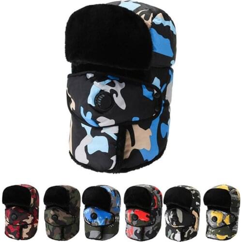 Winter Trapper Hat Mens Outdoor Riding Cap Cold Proof Helmet Warm Cotton Earflap Mask Skiing Thickened Camouflage Neck Protect