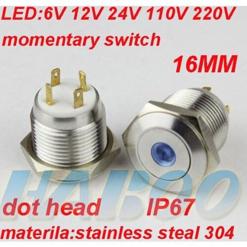 10pcs/lot anti-vandal metal switch with led dot head waterproof reset push button switch 6V 12V 24V 110V 220V