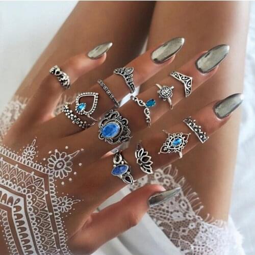 13pcs/set New Blue Crystal Rings for Women Vintage Fashion Hollow Lotus Crown Ring Peach Heart Elephant Ring Wholesale Jewelry