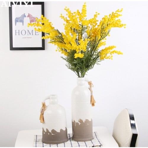 3 Forks Artificial Acacia Yellow Mimosa Plush Pudica Spray Cherry fake Silk Flower Wedding Party Decor Red Bean Plant Decoration