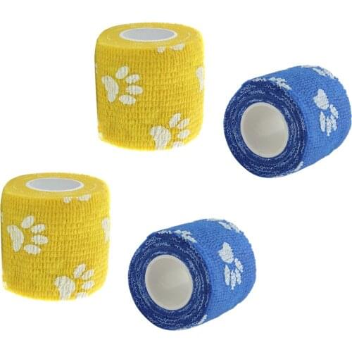 4 Rolls of Vet Wrap Bulk, Cute Paw Prints, Bandage Wrap Vet Tape - Waterproof & Self Adherent – Blue/Yellow