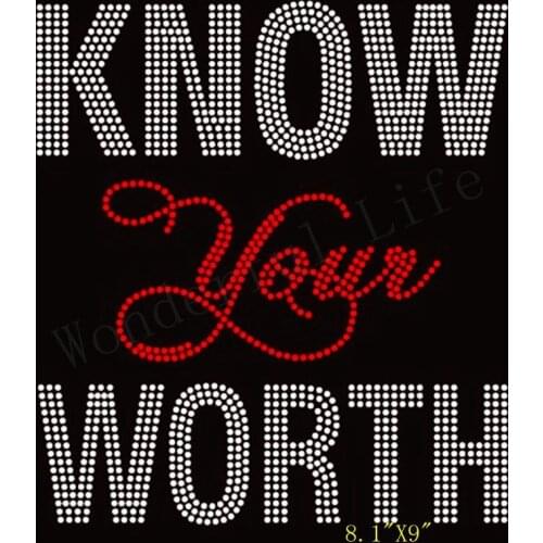 Free Shipping hot sale new l design KNOW YOUR WORTH text Iron On Rhinestone Transfer
