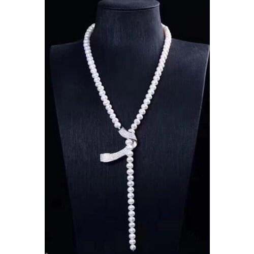 Free shipping Jewelry 8-9mm natural south sea white gary pearl necklace micro inlay zircon pendant