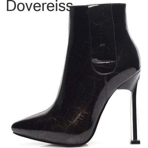 Dovereiss Fashion Womens Shoes Winter New Sexy Short Boot Elegant Stilettos Heels Red Genuine Leather Zipper Short Boots 40 41