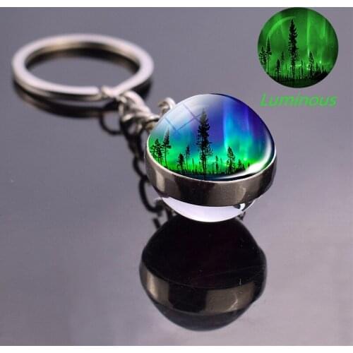Northern Lights Keychain Glow In The Dark Key Chain Double Side Picture Glass Ball Keychain Planet Keyring Astronomy Gifts