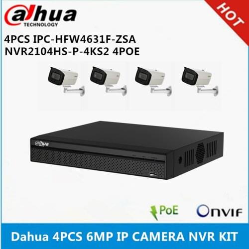 Dahua 4 pcs IPC-HFW4631F-ZSA built-in Mic 2.7-13.5mm zoom lens 6MP Camera & NVR2104HS-P-4KS2 4CH with 4 POE NVR support P2P