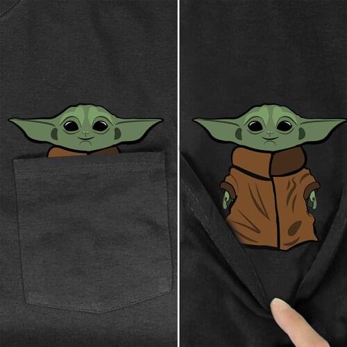 CLOOCL Cartoon Anime Cotton T-Shirt Pocket Alien Printed Shirt Harajuku Casual Tops Hip Hop Round Neck Black Cotton Tees Clothes