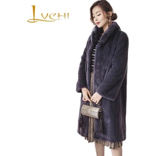 LVCHI Winter 2019 Import Real Mink Fur Coats Womens Full Sleeve Coat Mandarin Collar Draped Full Pelt Causal X-Long Mink Coats