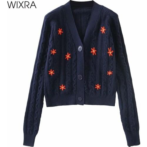 Wixra Womens Vintage Cardigans Autumn Embroidery Floral V-Neck Streetwear Long Sleeve Sweaters Female Loose Tops