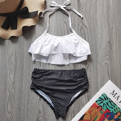 Ruffle Swimsuit Girl Kids Dot Print Two Piece Childrens Swimwear Halter Top Girl Bikini Set Teenage Girl Bathing Suit Beachwear