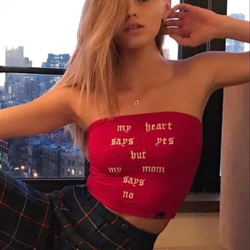 Fashion Tube Top Summer Women Tank Sexy Red Solid Color Letters Print Cotton Off Shoulder Backless Short Tank