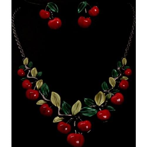 Trendy Women Party Jewelry Set Cherry Leaf Shape Sweet Female Stud Earring Choker Statement Necklace Collar 2021
