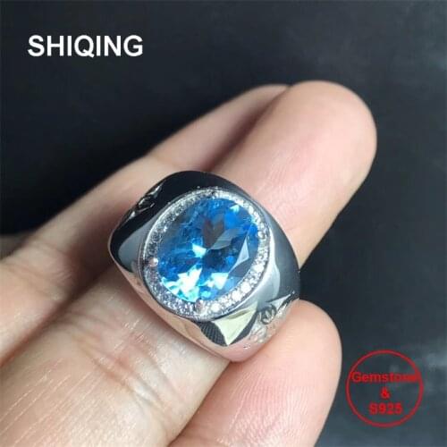 SHIQING Nature blue topaz 925 sterling silver band ring for man