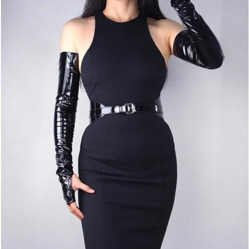 Womens sexy slim faux pu leather fingerless glove ladys club performance formal party patent leather long glove 60cm R636