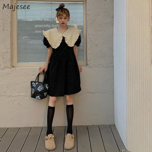 Dress Women Summer Vintage College Style Solid Sweet Peter Pan Collar Cute Short Sleeve Harajuku Kawaii Punk A-line Patchwork