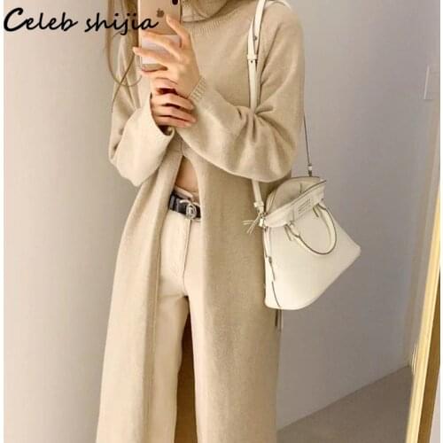 Apricot Chic Split Knit Dress Woman Turtleneck Autumn Winter 2021 Vintage Korean Long Sweater Dress Vestido Female Lazy Knitwear