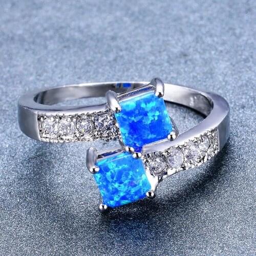 Simple Female Blue White Opal Stone Ring Charm Silver Color Engagement Ring Trendy Bridal Square Wedding Rings For Women