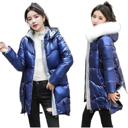 Womens Winter Long Down Coat Hooded with Fur Collar Loose Female Down Jacket Plus Size Thick Padded Casual Outwear