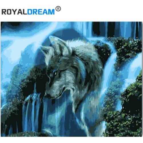 ROYALDREAM Wolf And Waterfall Abstract Painting Diy Digital Painting By Numbers Modern Wall Art Picture For Home Wall Artwork