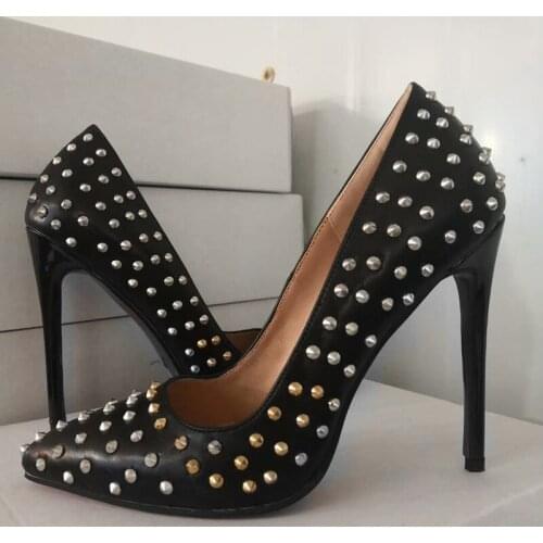 SHOFOO shoes,Beautiful fashion ladys shoes, rivet decoration, about 11 cm high-heeled shoes, pointed toe pumps, banquet shoes