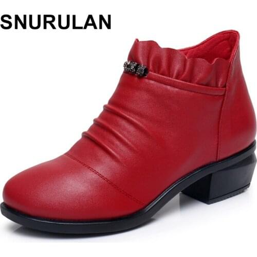 SNURULAN Fashion Women Martin Boots Autumn Boots Genuine Leather Ankle Boots 2018 Winter Warm Fur Plush Women Shoes Big SizeE243