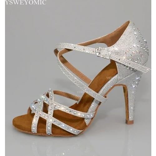 Rhinestones Latin Ballroom Dance Shoes High Heel 3inch Silver Black Glitter Crystal Salsa Bachata Latin Women Dancing Shoes